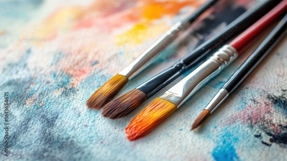 Fototapeta premium Four colorful paintbrushes lying on painted surface in studio