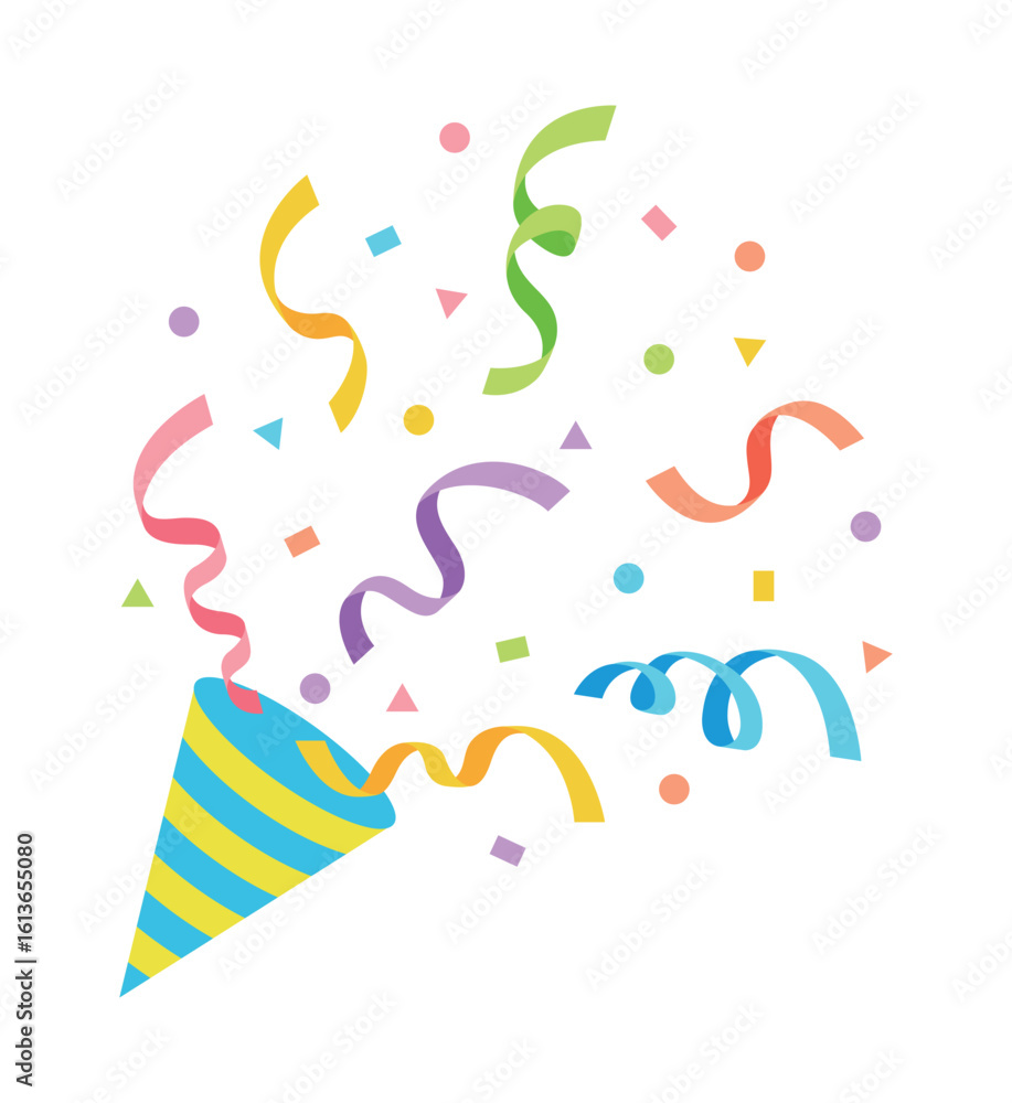 Obraz premium Celebrate in style with this vibrant burst of colorful confetti and streamers from a festive party popper. Party supplies for events, birthdays, celebrations, functions, parties, and anniversaries.