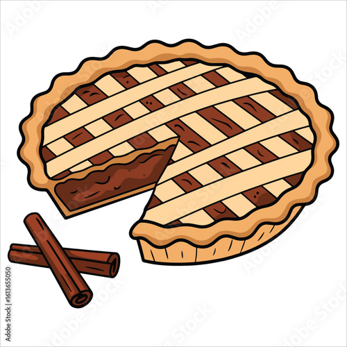 Homemade apple charlotte pie with cinnamon sticks isolated vector illustration on white background. Ideal for dessert, food packaging, and bakery themed designs.