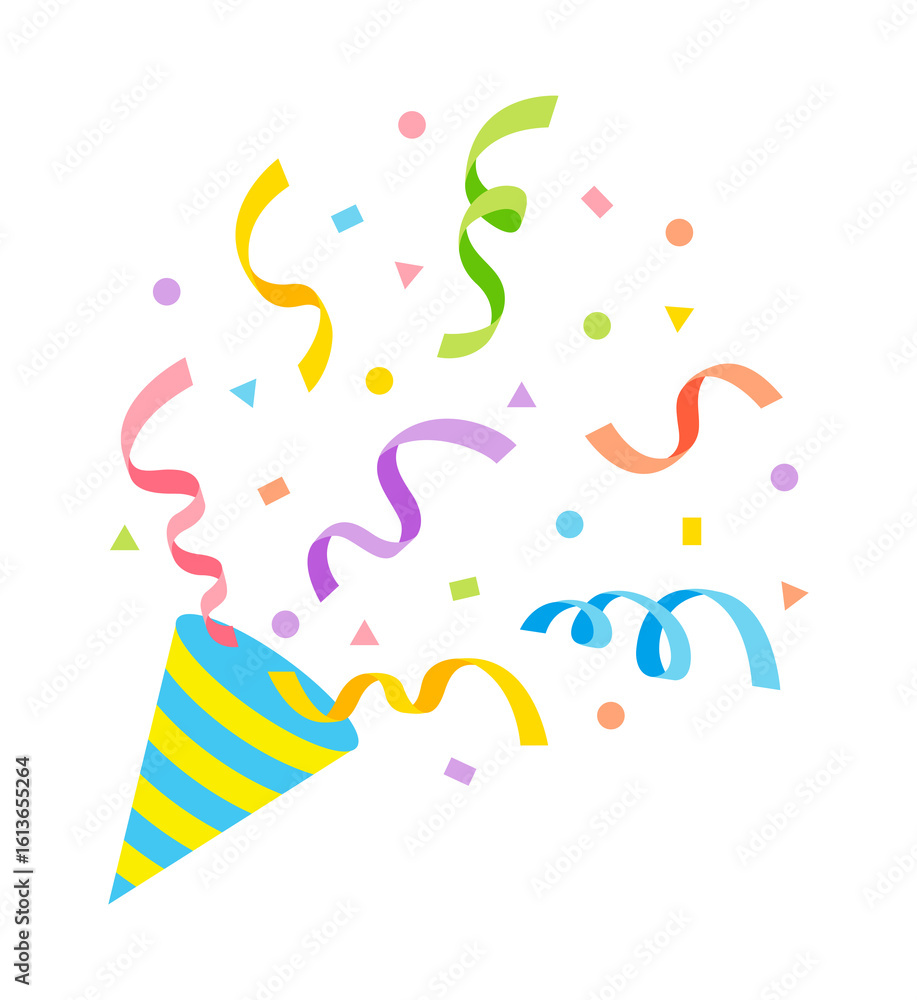 Obraz premium Celebrate in style with this vibrant burst of colorful confetti and streamers from a festive party popper. Party supplies for events, birthdays, celebrations, functions, parties, and anniversaries.