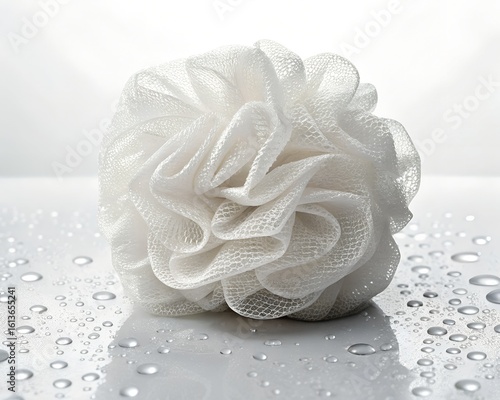 Soft white bath pouf or shower loofah with water droplets on a reflective surface