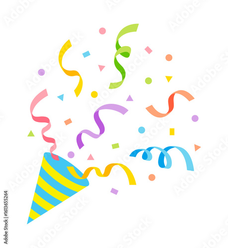 Celebrate in style with this vibrant burst of colorful confetti and streamers from a festive party popper. Party supplies for events, birthdays, celebrations, functions, parties, and anniversaries.