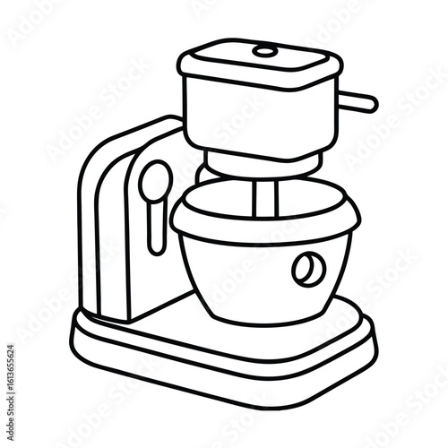 Simple linear illustration of a food processor with multiple attachments