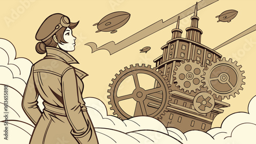 Girl standing inside a vintage gear silhouette symbol vector illustration with a ship wheel and machine elements