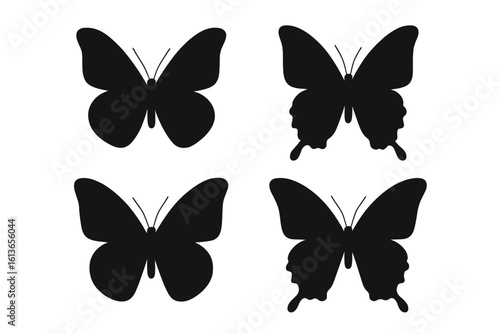 Butterfly silhouette vector collection. Set of four black insect icons. Graphic design element for logo, tattoo, print. Minimalist nature fauna illustration. Elegant monarch.