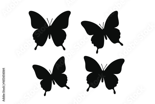 Set of four butterfly silhouettes. Vector graphic collection of flying insects. Black icons of butterflies isolated on white background. Nature animal symbol for design.