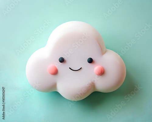 Cute smiling cloud character with rosy cheeks on a teal background