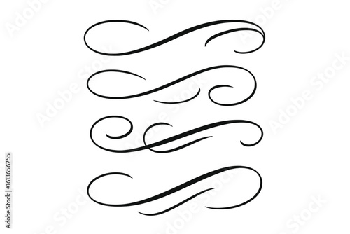 Set of calligraphic swooshes. Vintage underline swirl elements. Hand-drawn elegant flourishes for typography. Ornate retro decorative divider lines for design projects. Vector.