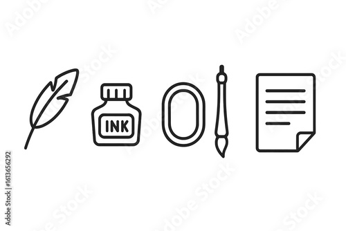 Calligraphy tools outline icon set. Vector illustration of traditional writing equipment. Quill pen, feather, ink bottle, ink stone, brush pen, and parchment paper.