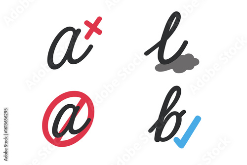 Calligraphy mistakes and corrections icon set. Isometric flat vector icons of miswritten letter, smudged ink, right and wrong symbols, checkmark and cross for writing.