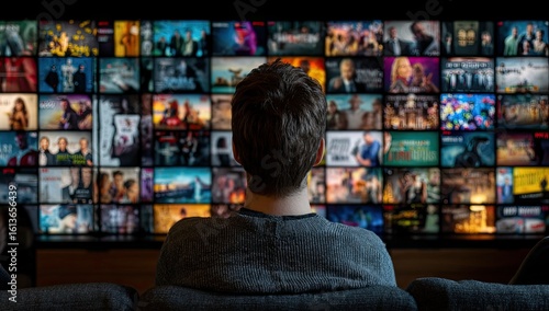 Person watching many movie posters on a large screen