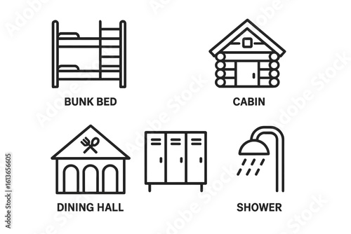 Camp facility icons. Summer camp accommodation vector symbol set. Bunk bed, log cabin, dining hall, locker room, shower. Outdoor recreation and travel outline signs.