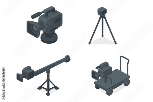 Isometric video production icon set. Professional filmmaking equipment with broadcast camera, tripod, jib crane, and dolly. Cinema gear vector illustration for media.