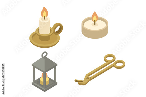 Candle accessories isometric icon set. Vector collection of candlestick holder, tealight, lantern, and wick trimmer. Flat design graphic elements for home decor or hygge concept.