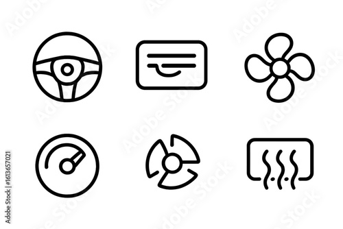 Car climate control icon set. Vector outline symbols for automobile dashboard user interface. Includes AC vent, fan speed, temperature, defrost, and steering wheel.