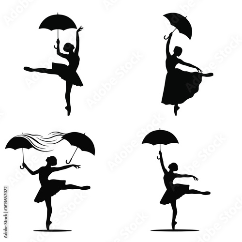 Silhouette ballerinas dancing with umbrellas ballet