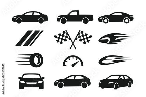 Car icons set. Truck silhouettes, racing stripes, checkered flags, speed graphics, automotive design elements. Vector transport symbols, vehicle pictograms for auto sport.