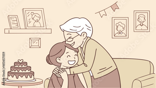 Grandmother spending time with her grandchildren in cartoon illustration