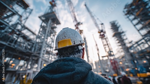 Construction worker surveying a large offshore platform