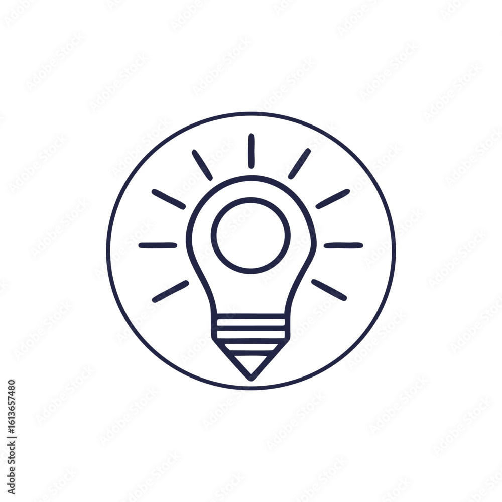 Simple line drawing of a glowing light bulb inside a circle Simple line drawing of a glowing light bulb inside a circle