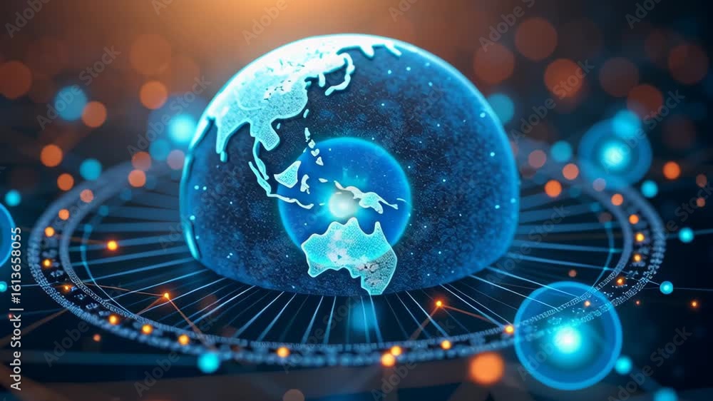 Futuristic digital globe floating in space with connected points and circular network, ideal for global technology, data science, or virtual communication themes, 4K, motion.