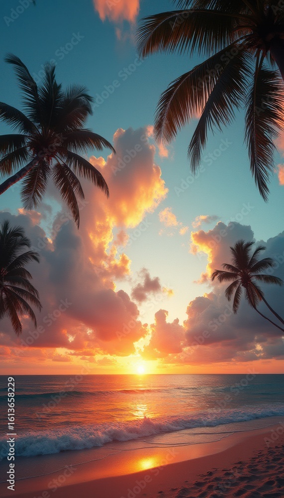 Obraz premium Serene sunset over tropical beach with palm trees