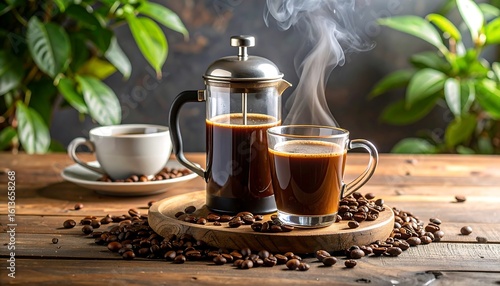 Steaming coffee in a French press and mug, surrounded by beans on a wooden tray