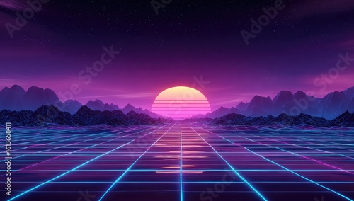 Retrofuturistic sunset landscape