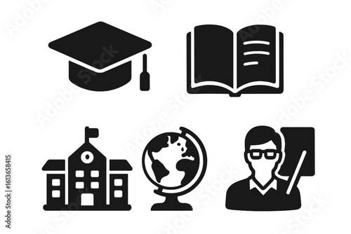 Education icon set. School, university, college symbols. Graduation cap, book, globe, teacher glyphs. Learning, knowledge, study vector pictograms. Solid academy signs.