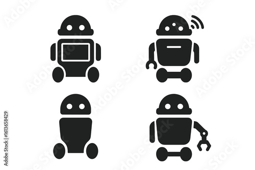 Elder care robot icons set. Solid glyph icons for assistive technology, featuring a robotic arm, touch screen, and sensors. Concepts for AI, healthcare, and automation vector.