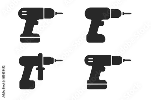 Drill solid glyph icon set. Electric power tool silhouette collection. Cordless screwdriver, hammer drill with battery. Carpentry, renovation, DIY, and construction symbols.