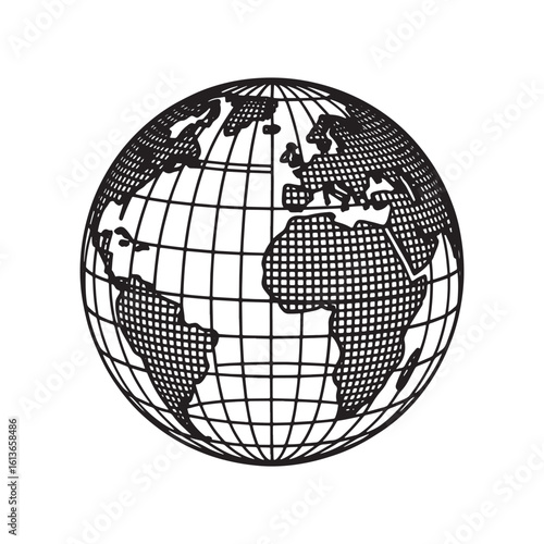 Monochrome Globe Depicting Continents and Latitudinal Lines a Stylized World Map with Grid Lines and Continental Landmasses
