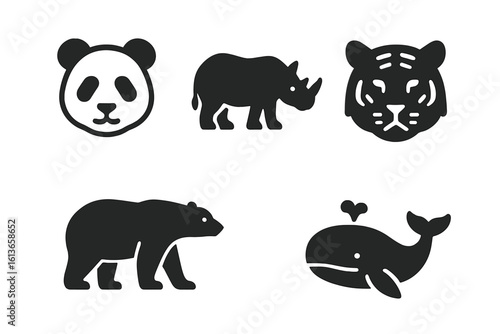 Endangered species icon set. Solid black glyphs of vulnerable animals. Panda, rhino, tiger, polar bear, blue whale silhouettes for conservation and wildlife protection concepts.
