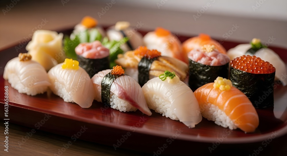 An Array of Premium Nigiri Sushi with Diverse Toppings such as Salmon, Tuna, Hamachi, and Tobiko, Beautifully Plated on a Glossy Red Tray An Array of Premium Nigiri Sushi with Diverse Toppings such as Salmon, Tuna, Hamachi, and Tobiko, Beautifully Plated on a Glossy Red Tray
