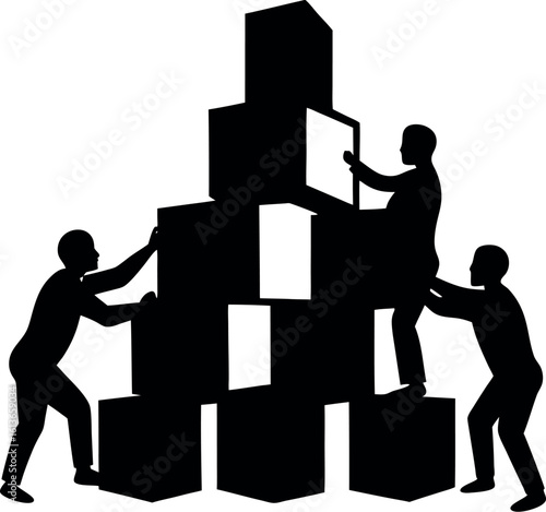 Vector art of a silhouette of people are working together to build a structure of boxes, representing teamwork and collaborative achievement