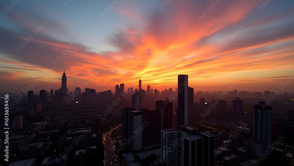 Fototapeta premium Dramatic Sunset Over a Silhouetted City Skyline with Fiery Clouds
