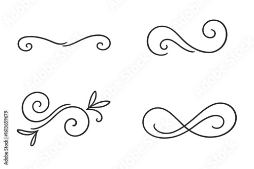 Hand drawn doodle swirl flourish set. Collection of calligraphic line art dividers and borders. Decorative sketch ornaments for design, elegant floral and infinity shapes.