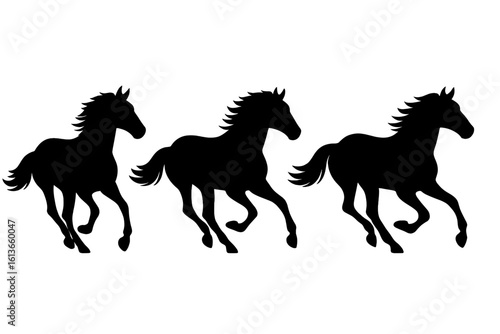 Three running horses silhouette vector set. Galloping herd of stallions icon. Equestrian sport, horse racing concept. Equine animal symbol of speed, power, freedom.