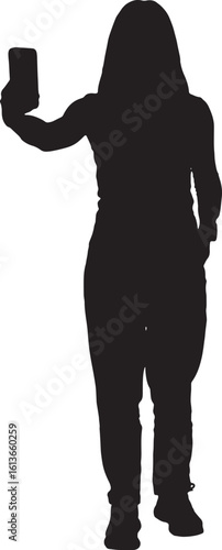  vector; silhouette of front view of a woman taking a self-portrait with smartphone