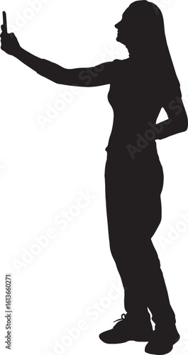  vector; silhouette of side view of a woman taking a self-portrait with smartphone