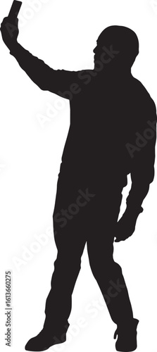  vector; silhouette of  side view of a man taking a self-portrait with smartphone