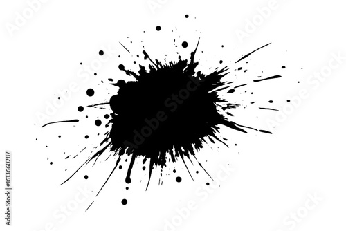 Black ink splatter isolated on a white background. Grunge paint splash, abstract blot and artistic texture. Messy drip, spray effect and splattered drops. Chaotic element.
