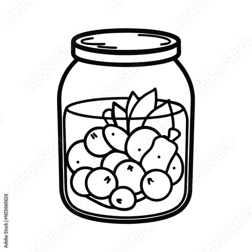 Linear style glass jar filled with assorted pickled vegetables illustration