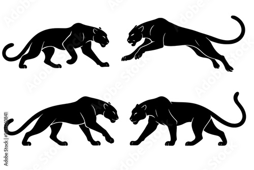 Black panther silhouette set. Dynamic poses of a walking, stalking, and jumping jaguar. Big cat vector icon for logo or mascot design. Wildlife animal with strength & grace.