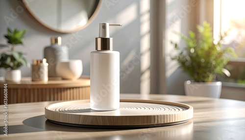 Wallpaper Mural Elegant white lotion bottle with gold accents on a decorative wooden tray Torontodigital.ca