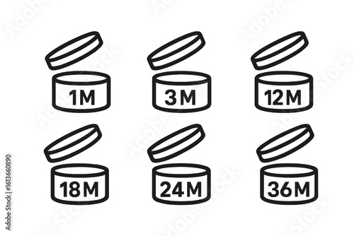 PAO symbol set. Period after opening icons. Useful lifetime of cosmetics. Package open sign. Expiration date label. Shelf life information. 1m 3m 6m 12m 18m 24m 36m.