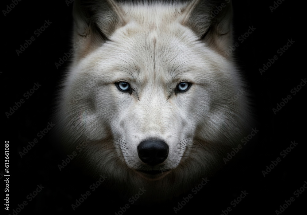 Obraz premium Piercing Blue Eyes of a White Wolf Emerging from Shadowy Darkness