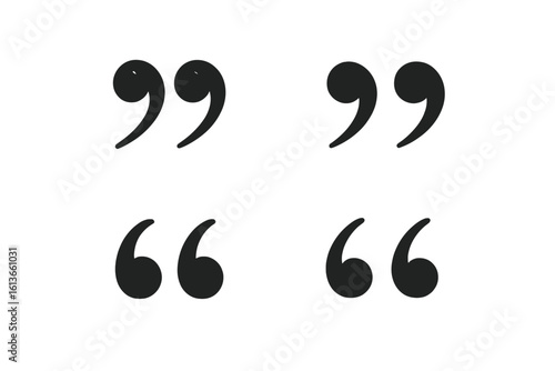 Quotation marks vector icon set. Calligraphic style double quotes for typography. Punctuation symbol for writing, language, grammar. Text dialogue or message element.