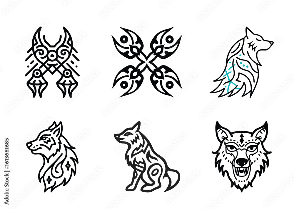 Fototapeta premium Collection of Six Decorative Wolves and Geometric Line Art Designs