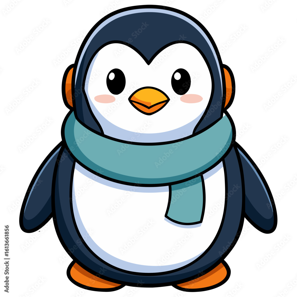 Obraz premium Cute Chubby Penguin with Scarf and Earmuffs in Winter, Cartoon Vector PNG Isolated